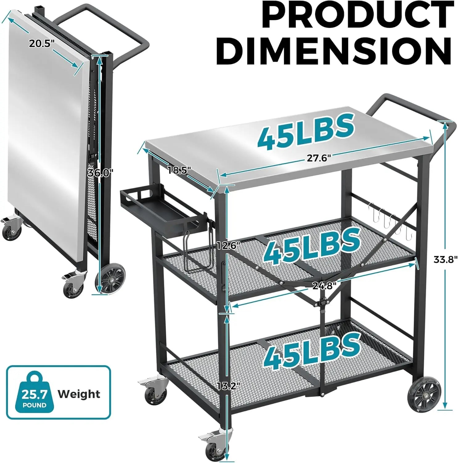 Portable Folding Grill Cart with Wheels, 3-Shelf Stainless Steel Top for BBQ Patio Camping