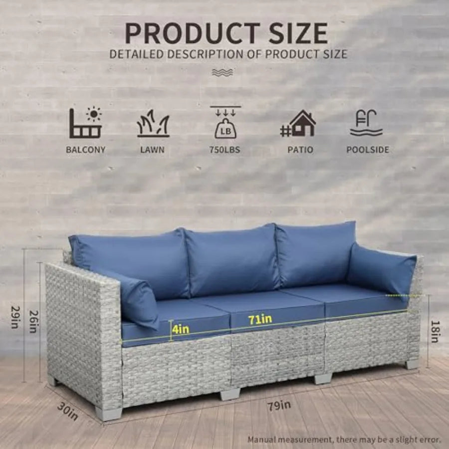 Outdoor Couch 3 Seater Wicker Patio Sofa Grey Rattan Deep Seat Balcony Furniture Porch Seating with Navy Blue Cushion