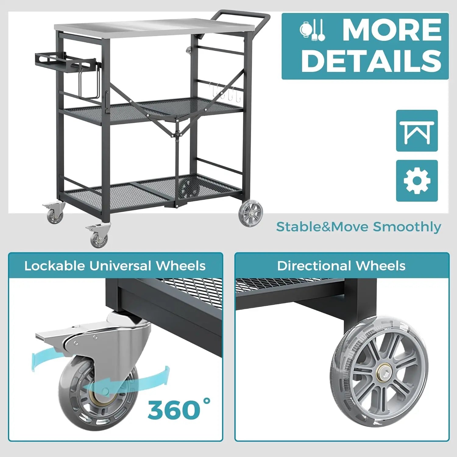 Portable Folding Grill Cart with Wheels, 3-Shelf Stainless Steel Top for BBQ Patio Camping