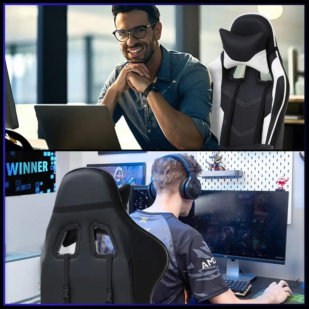 Ergonomic Gaming Chair in White with Lumbar Support, Headrest Pillow, Adjustable Footrests, 360 Swivel Wheels for Home & Office