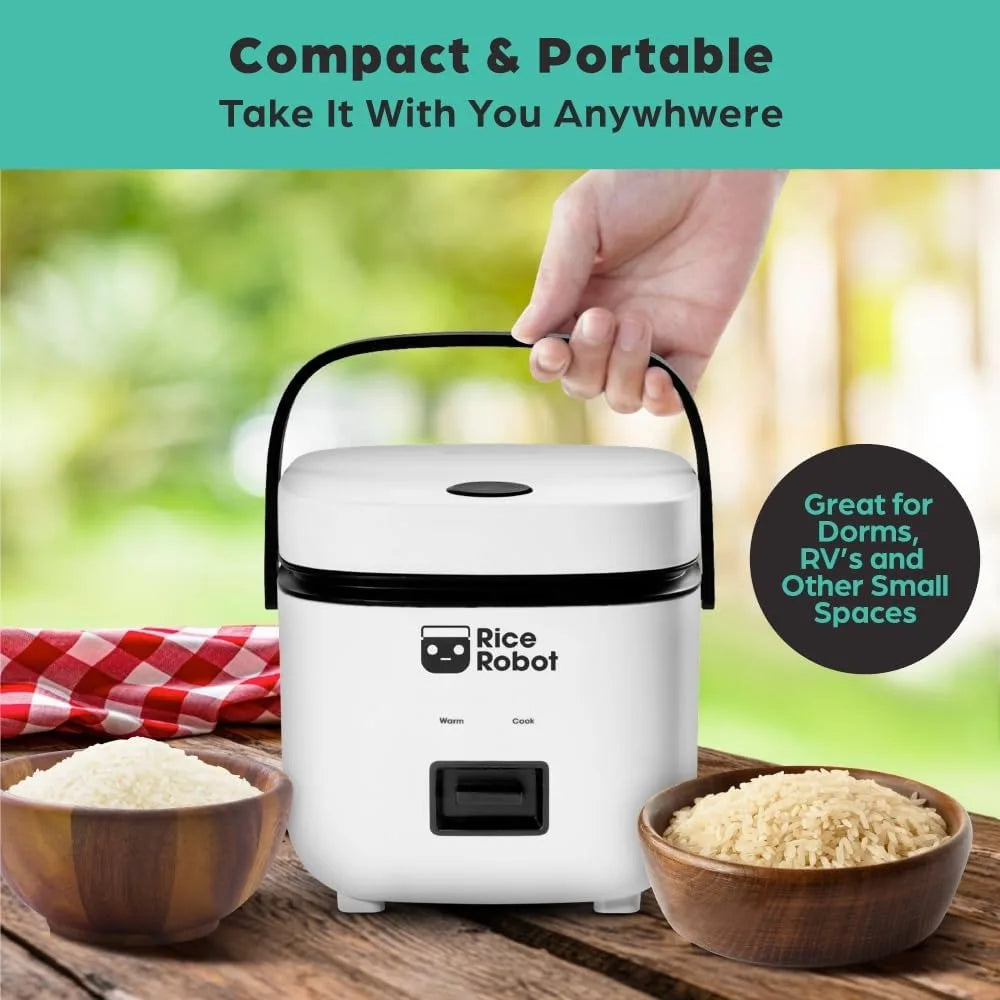 Rice Robot Personal Rice Cooker, PFAS-free, Nonstick. 1 Quart Capacity, with Stainless Steel Steamer Tray, Measuring Cups