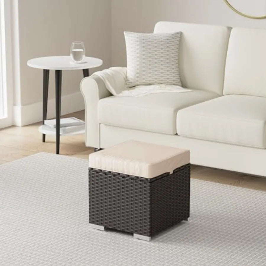 Set of 2 Wicker Ottomans Multipurpose Outdoor Furniture for Patio Backyard Additional Seating Footrest Side Table w/Storage Rem