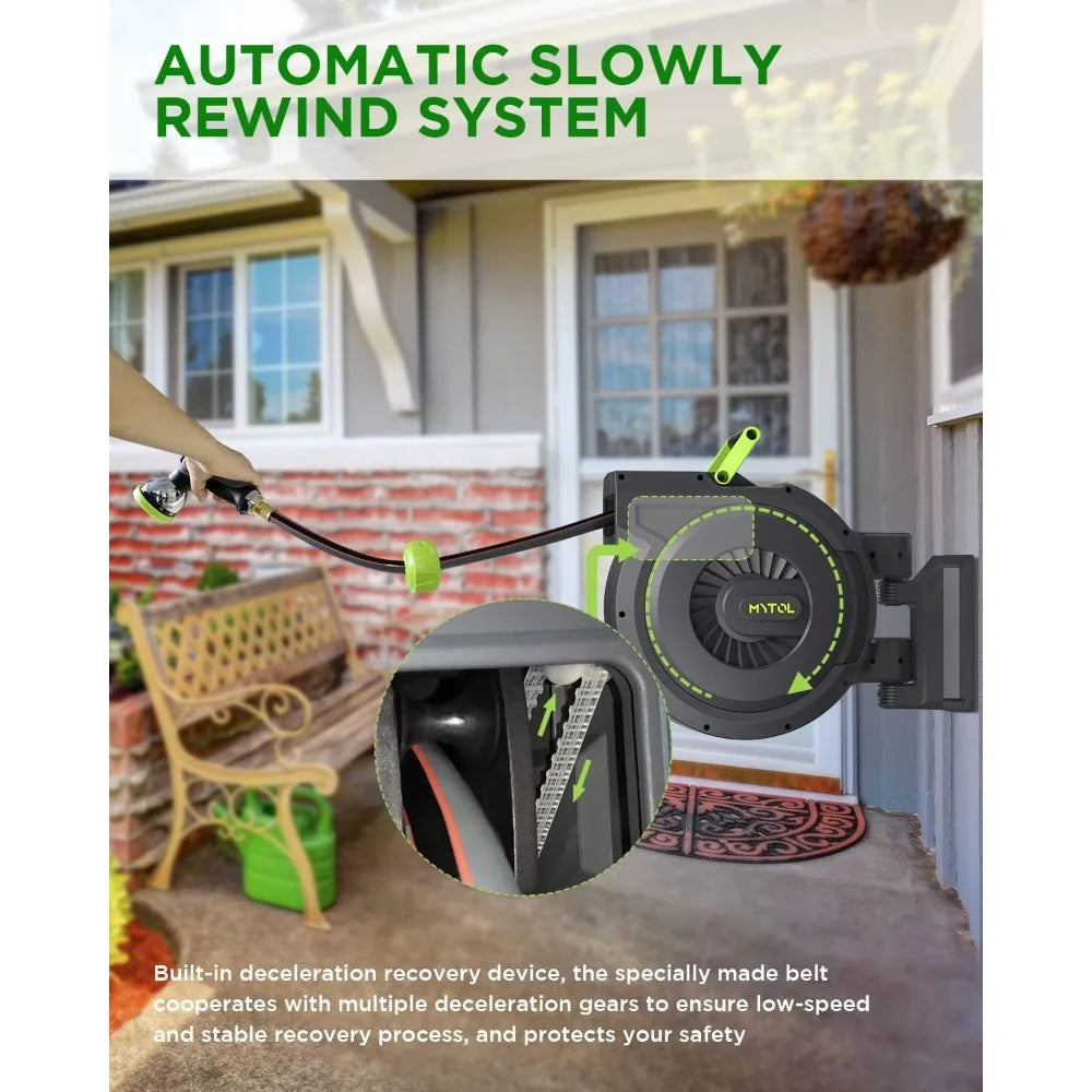Retractable Garden Hose Reel, 1/2 Inch x 100 ft + 6 ft Wall Mount Hose Reel with Automatic Slow Rewind System, Any Length Lock