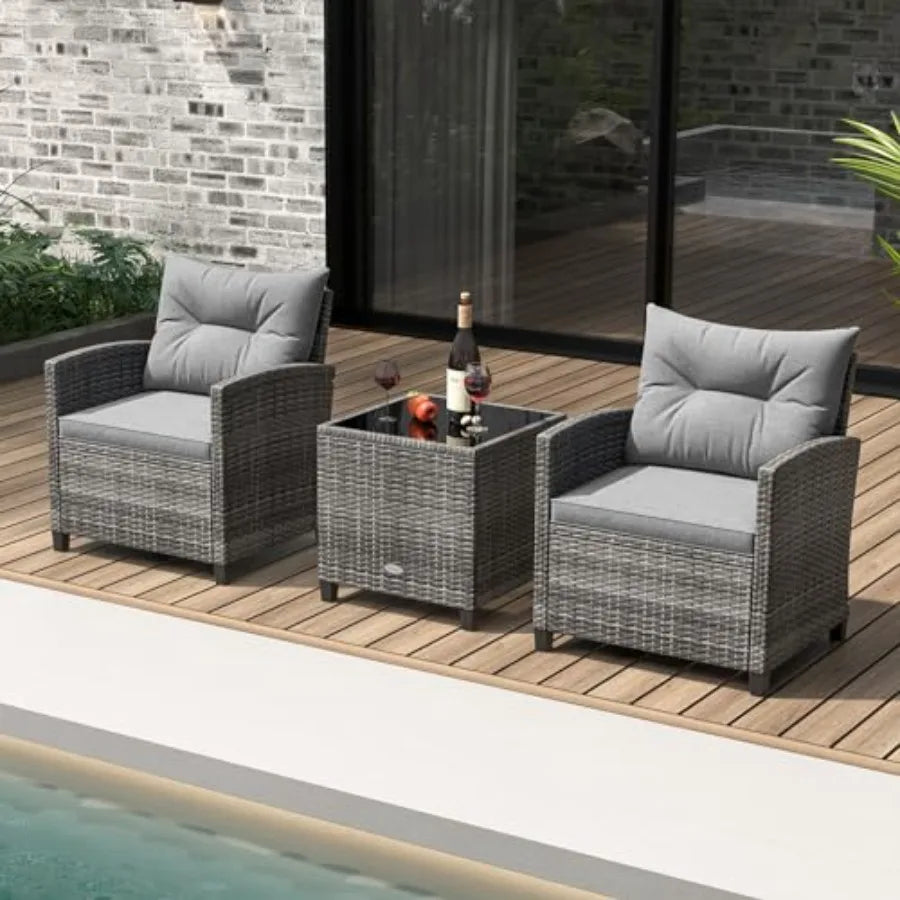 KOTEK 3 Piece Patio Furniture Set Outdoor PE Rattan Conversation Set with Washable Cushions and Tempered Glass Tabletop Wicker