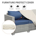 Outdoor Couch 3 Seater Wicker Patio Sofa Grey Rattan Deep Seat Balcony Furniture Porch Seating with Navy Blue Cushion