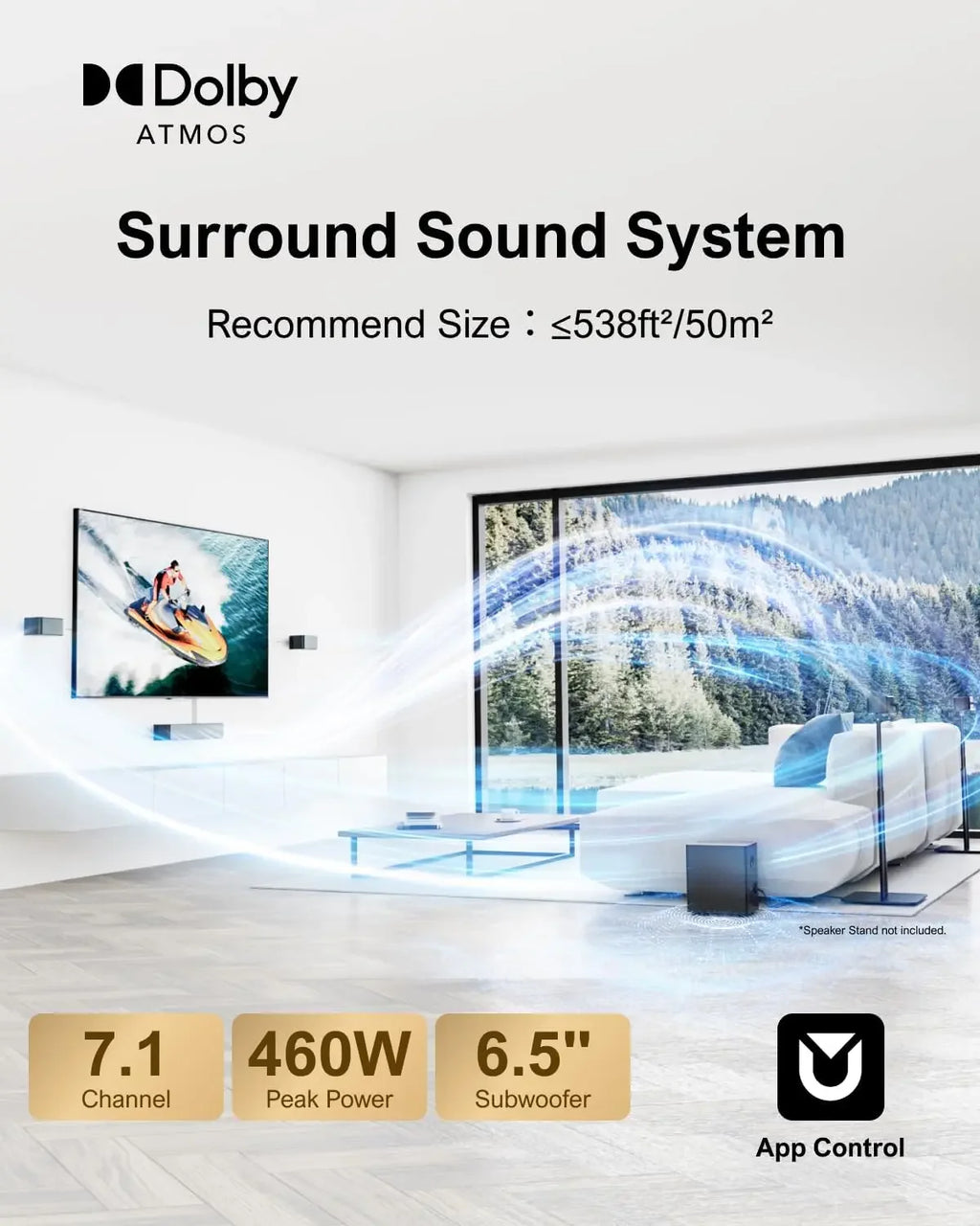 5.1 CH Surround Sound Bar with Dolby Audio, Sound Bars for TV,Wireless Subwoofer & Rear Speaker,Dolby Digital Plus,Bluetooth 5.3