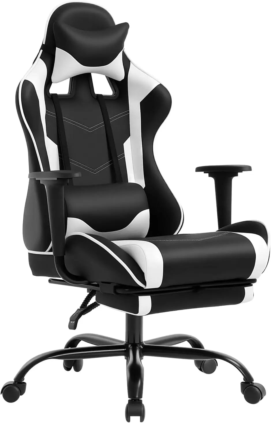 Ergonomic Gaming Chair in White with Lumbar Support, Headrest Pillow, Adjustable Footrests, 360 Swivel Wheels for Home & Office