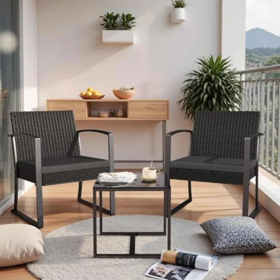 Homall Resin 3 Pieces Patio Furniture Set Outdoor Bistro Set with Cushions and Glass Table Conversation Set Rattan Chair for Po