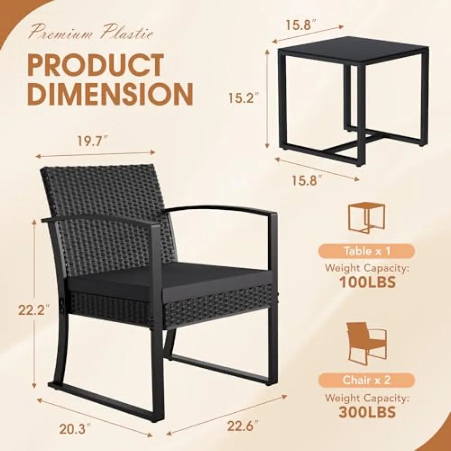 Homall Resin 3 Pieces Patio Furniture Set Outdoor Bistro Set with Cushions and Glass Table Conversation Set Rattan Chair for Po