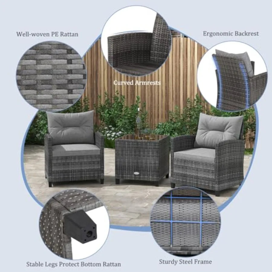 KOTEK 3 Piece Patio Furniture Set Outdoor PE Rattan Conversation Set with Washable Cushions and Tempered Glass Tabletop Wicker