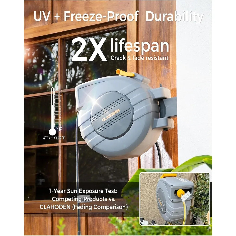 Retractable Garden Hose Reel 5/8 in x 100 ft Upgraded UV Resistant Heavy Duty Automatic Hose Reel Wall Mount 3/4 in Bra