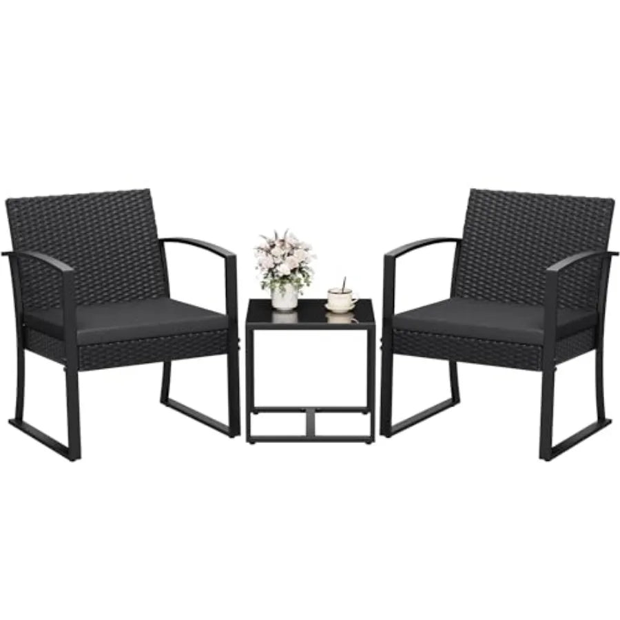 Homall Resin 3 Pieces Patio Furniture Set Outdoor Bistro Set with Cushions and Glass Table Conversation Set Rattan Chair for Po
