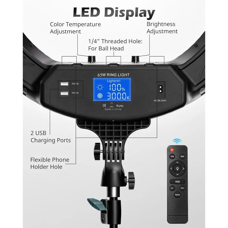 22'' Ring Light With 72'' Stand, 65W Large Ring Light With Phone Holder, Dimmable LED Light For Makeup Barber Stylist