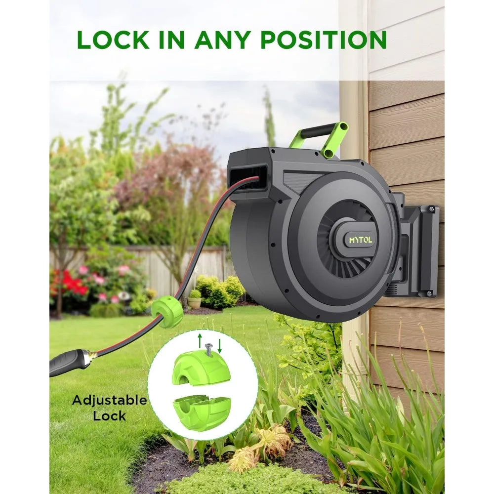 Retractable Garden Hose Reel, 1/2 Inch x 100 ft + 6 ft Wall Mount Hose Reel with Automatic Slow Rewind System, Any Length Lock