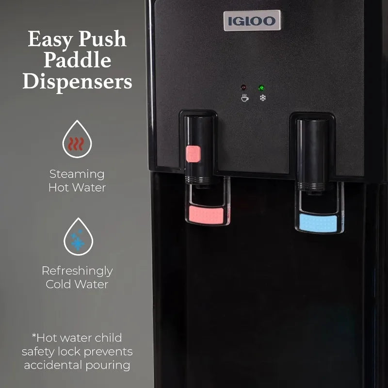 Top Loading Water Cooler – Hot & Cold Dispenser – Black & Stainless Steel, Holds 3 & 5 Gallon Jugs, Child Safety Lock