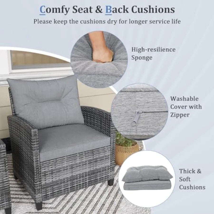 KOTEK 3 Piece Patio Furniture Set Outdoor PE Rattan Conversation Set with Washable Cushions and Tempered Glass Tabletop Wicker