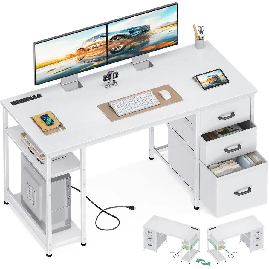 51 Inch Computer Desk with Drawers amp USB Power Outlets Reversible Home Office Desk with Storage Shelves, Work fro Customizable