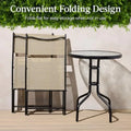 3-Piece Patio Bistro Dining Furniture Set w/Textured Glass Tabletop 2 Steel Folding Chairs Polyester Fabric - Beige