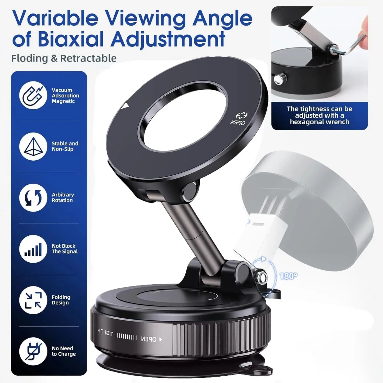 Upgraded Aluminum Alloy Magnetic Car Phone Holder 360° Rotation Foldable Strong Magnet Mount for Car Dashboard