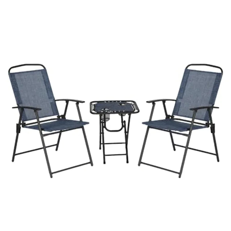 Trapper's Peak 3-Piece Folding Outdoor Patio Set Patio Chairs and Table Backyard Furniture Blue