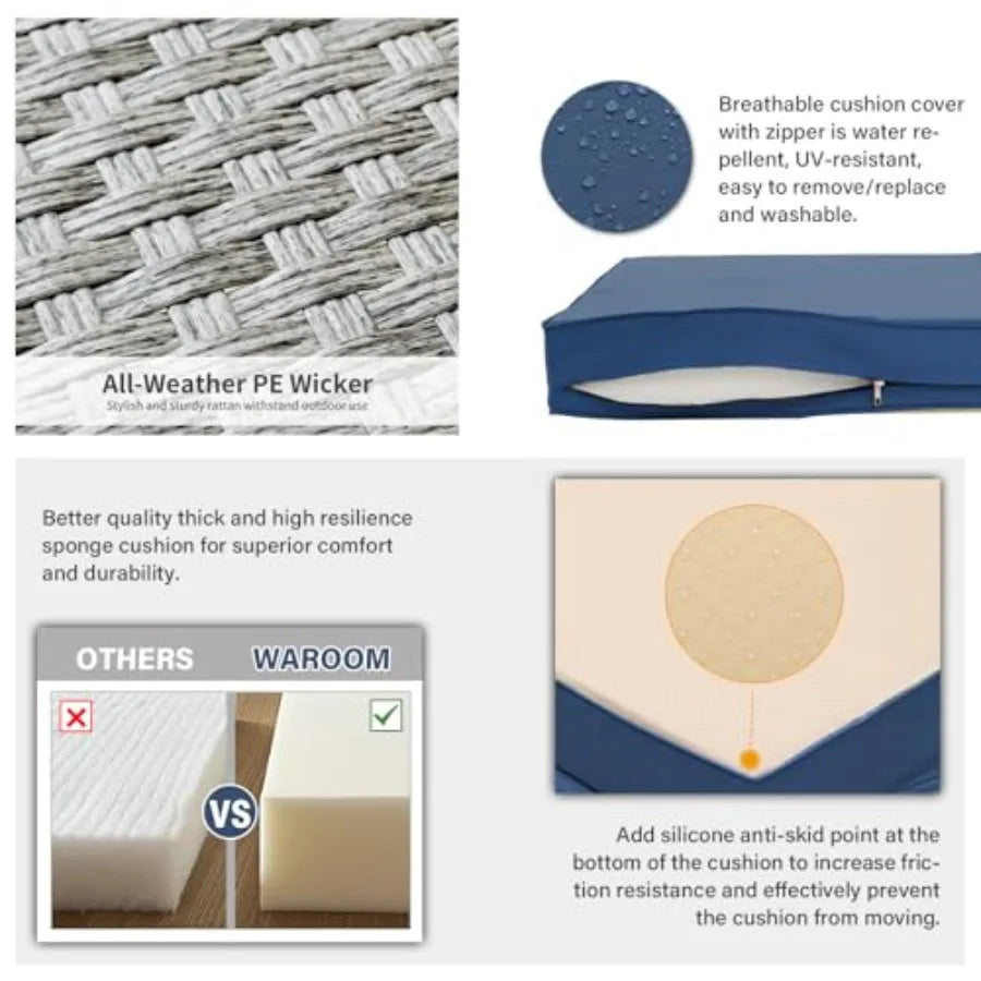 Outdoor Couch 3 Seater Wicker Patio Sofa Grey Rattan Deep Seat Balcony Furniture Porch Seating with Navy Blue Cushion