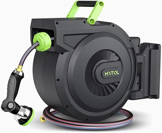 Retractable Garden Hose Reel, 1/2 Inch x 100 ft + 6 ft Wall Mount Hose Reel with Automatic Slow Rewind System, Any Length Lock