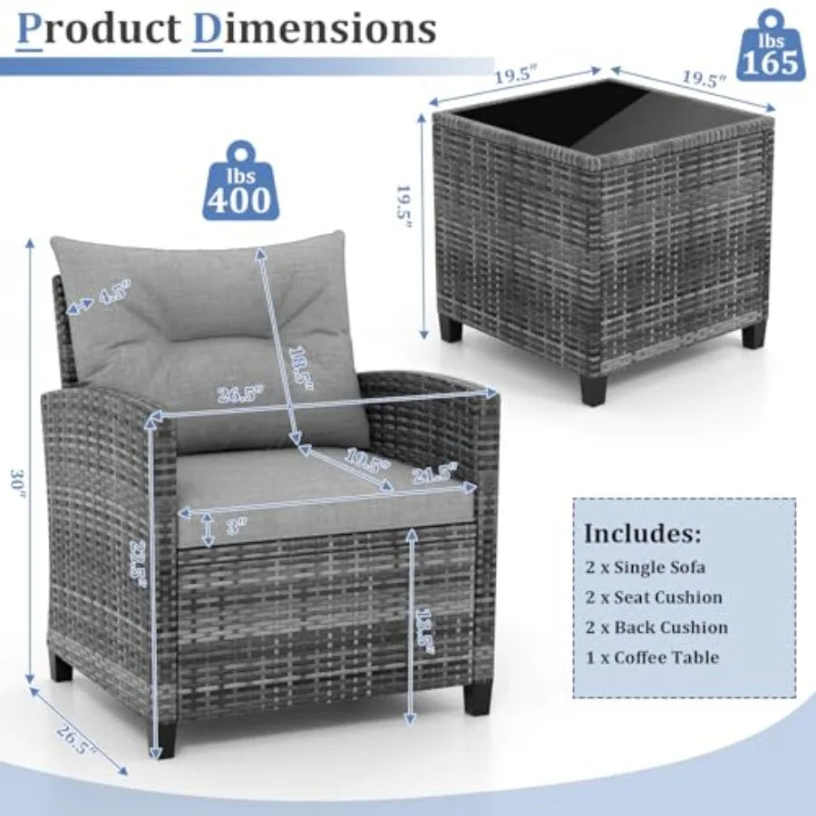 KOTEK 3 Piece Patio Furniture Set Outdoor PE Rattan Conversation Set with Washable Cushions and Tempered Glass Tabletop Wicker