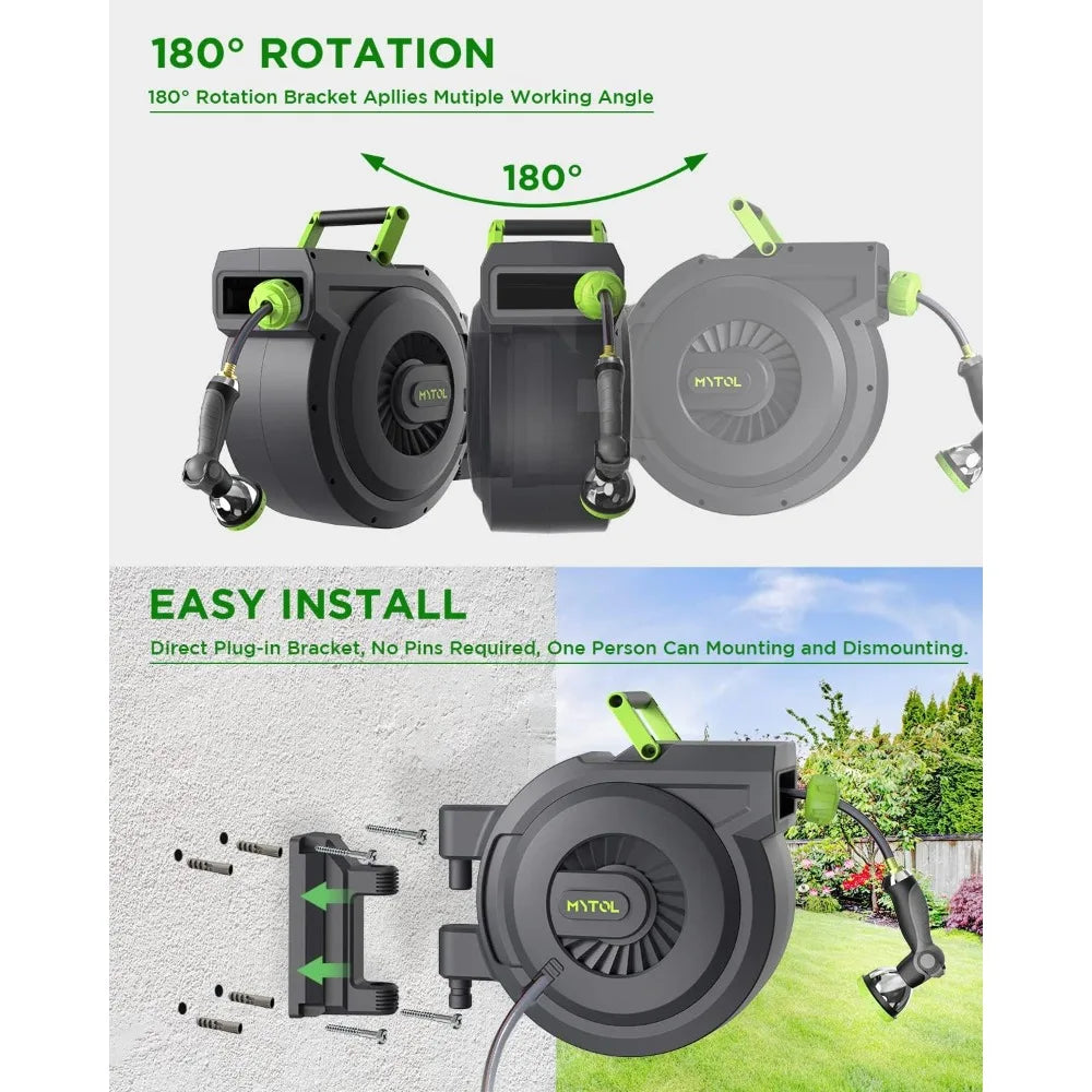 Retractable Garden Hose Reel, 1/2 Inch x 100 ft + 6 ft Wall Mount Hose Reel with Automatic Slow Rewind System, Any Length Lock
