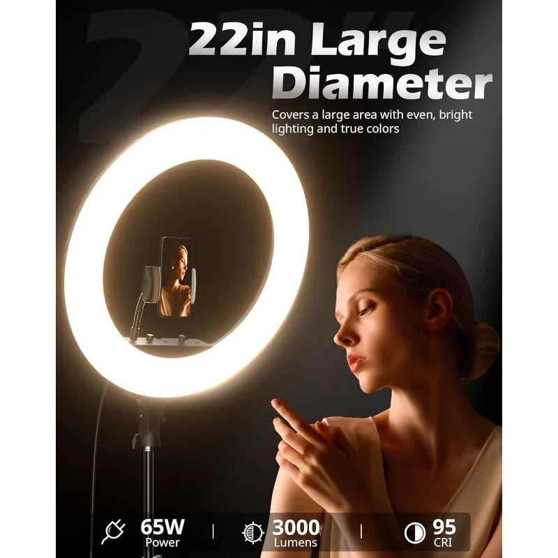 22'' Ring Light With 72'' Stand, 65W Large Ring Light With Phone Holder, Dimmable LED Light For Makeup Barber Stylist