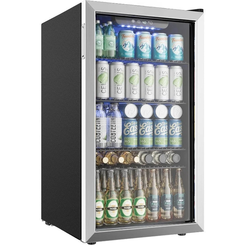 Beverage Refrigerator and Cooler, 128 Can Mini fridge with Glass Door, Small Refrigerator with Adjustable Shelves for Soda Beer