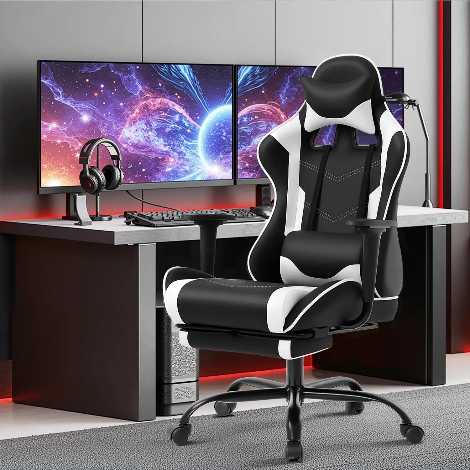 Ergonomic Gaming Chair in White with Lumbar Support, Headrest Pillow, Adjustable Footrests, 360 Swivel Wheels for Home & Office