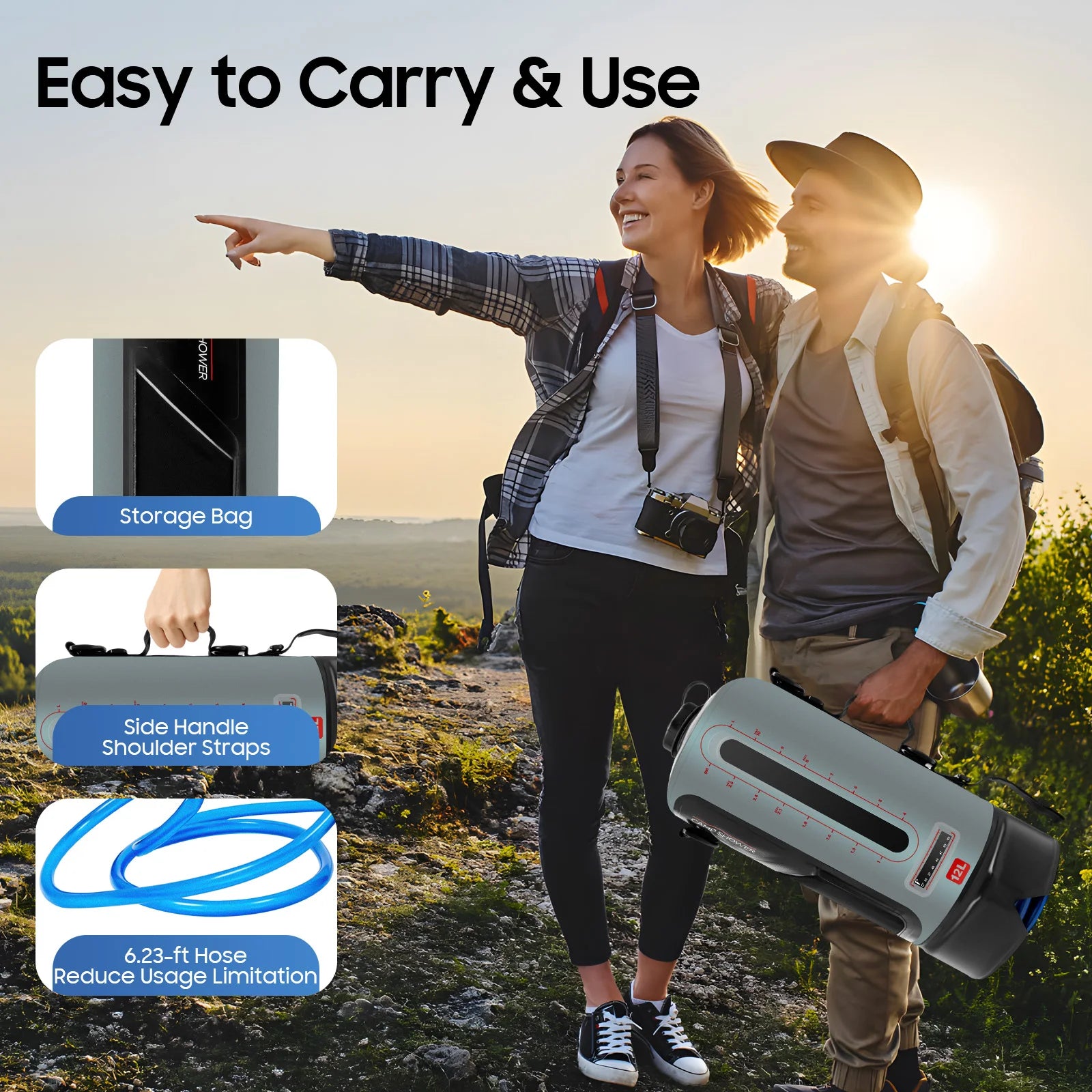 Solar Energy Absorbing Grey&Black Camp Shower 127.4℉ Max Temperature 6.23Ft Long Hose Hands-Free Sprinkler Buckle