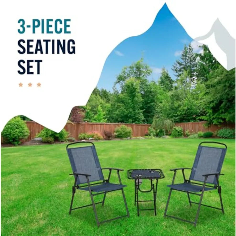 Trapper's Peak 3-Piece Folding Outdoor Patio Set Patio Chairs and Table Backyard Furniture Blue