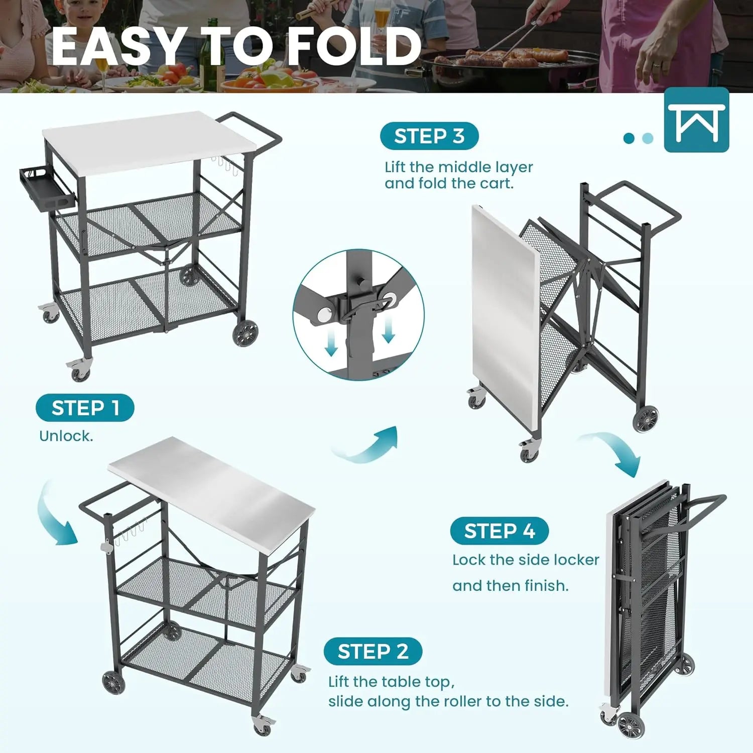Portable Folding Grill Cart with Wheels, 3-Shelf Stainless Steel Top for BBQ Patio Camping