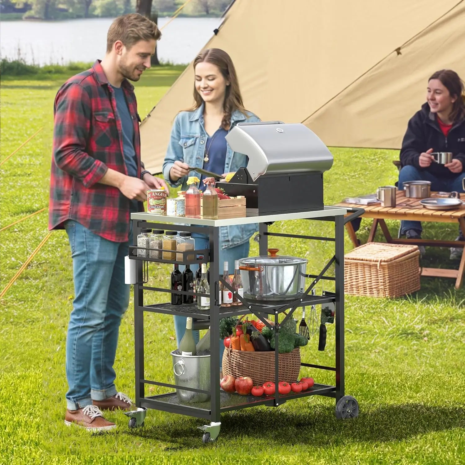 Portable Folding Grill Cart with Wheels, 3-Shelf Stainless Steel Top for BBQ Patio Camping