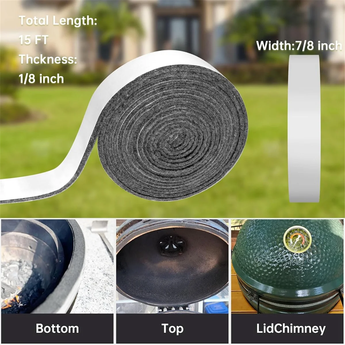 A11I High Temp Grill Gasket for Ceramic Lid Top BBQ Smoker Gasket,Self Stick 15 Ft Long,7/8in Wide,1/8in Thick