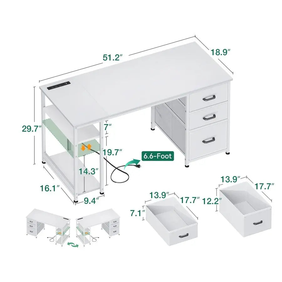 51 Inch Computer Desk with Drawers amp USB Power Outlets Reversible Home Office Desk with Storage Shelves, Work fro Customizable