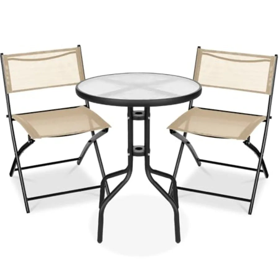 3-Piece Patio Bistro Dining Furniture Set w/Textured Glass Tabletop 2 Steel Folding Chairs Polyester Fabric - Beige