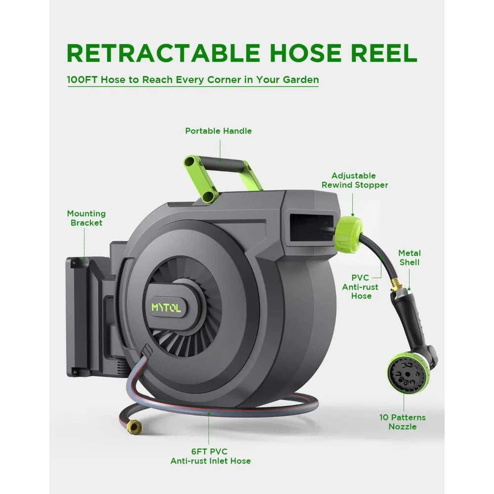 Retractable Garden Hose Reel, 1/2 Inch x 100 ft + 6 ft Wall Mount Hose Reel with Automatic Slow Rewind System, Any Length Lock