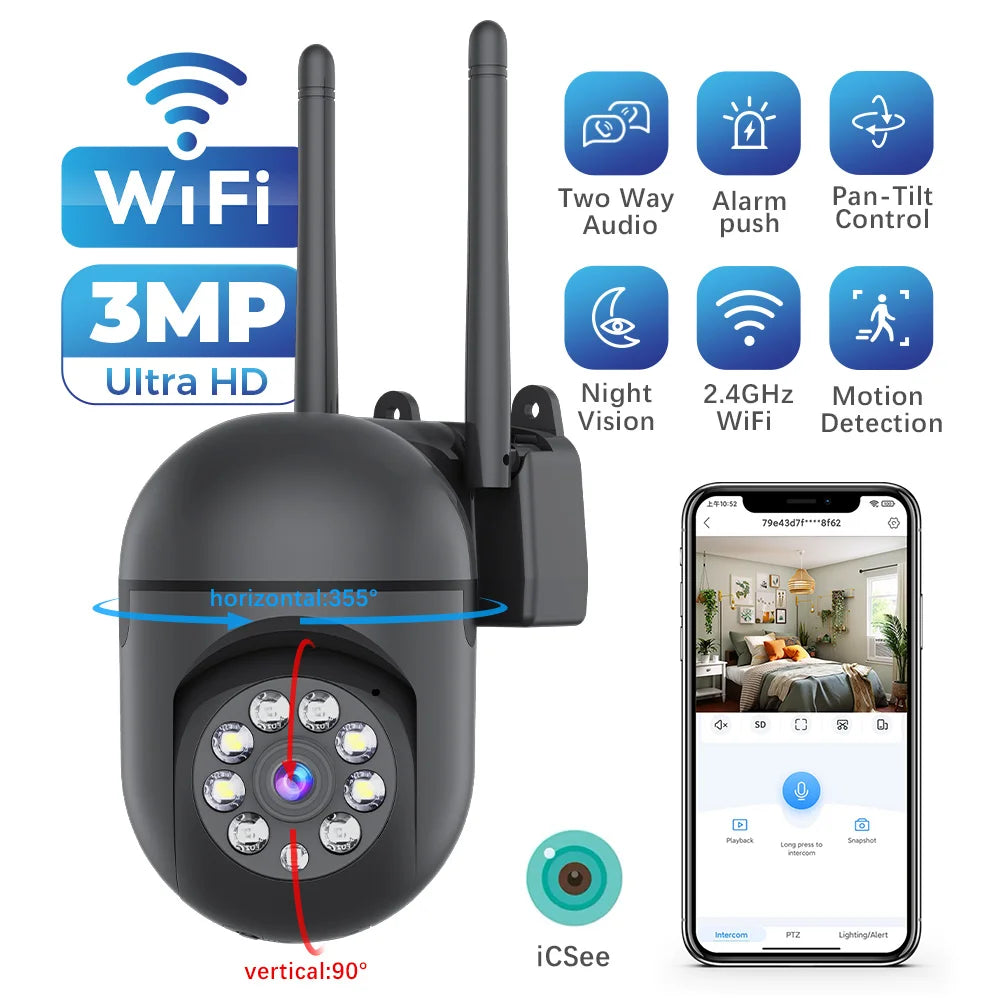 3MP WiFi Pan 355° Tilt 90°  Wireless Security Camera Full Color Night Vision Motion Detection Two-Way Audio Automatic Camera