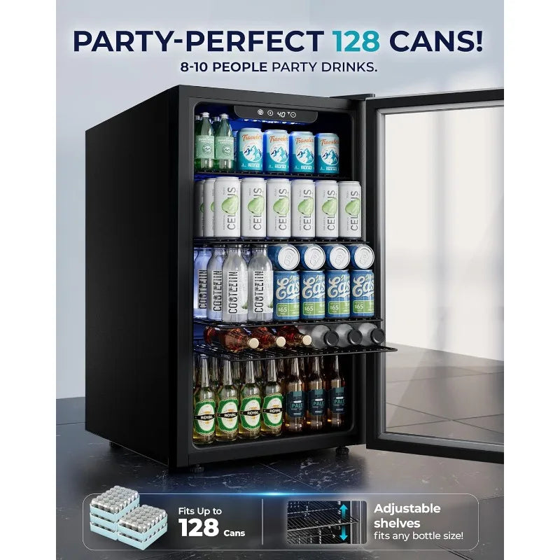 Beverage Refrigerator and Cooler, 128 Can Mini fridge with Glass Door, Small Refrigerator with Adjustable Shelves for Soda Beer