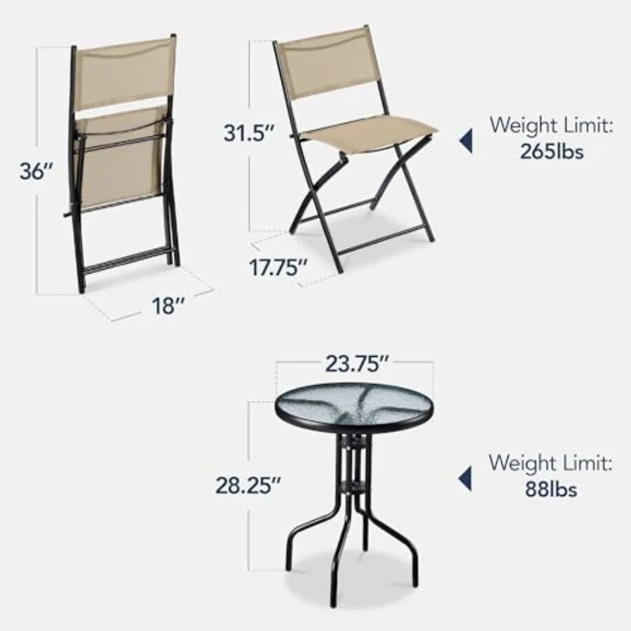 3-Piece Patio Bistro Dining Furniture Set w/Textured Glass Tabletop 2 Steel Folding Chairs Polyester Fabric - Beige
