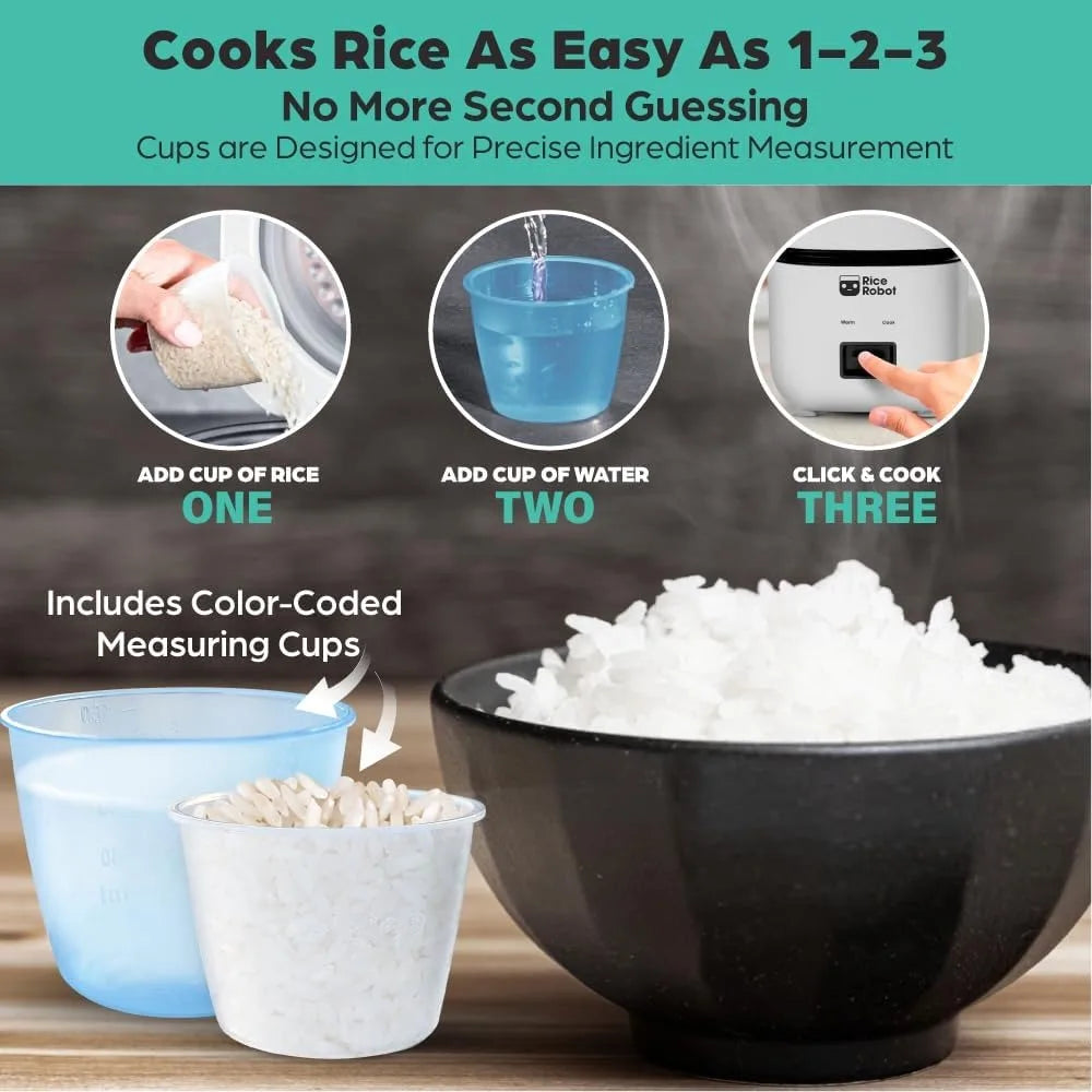 Rice Robot Personal Rice Cooker, PFAS-free, Nonstick. 1 Quart Capacity, with Stainless Steel Steamer Tray, Measuring Cups