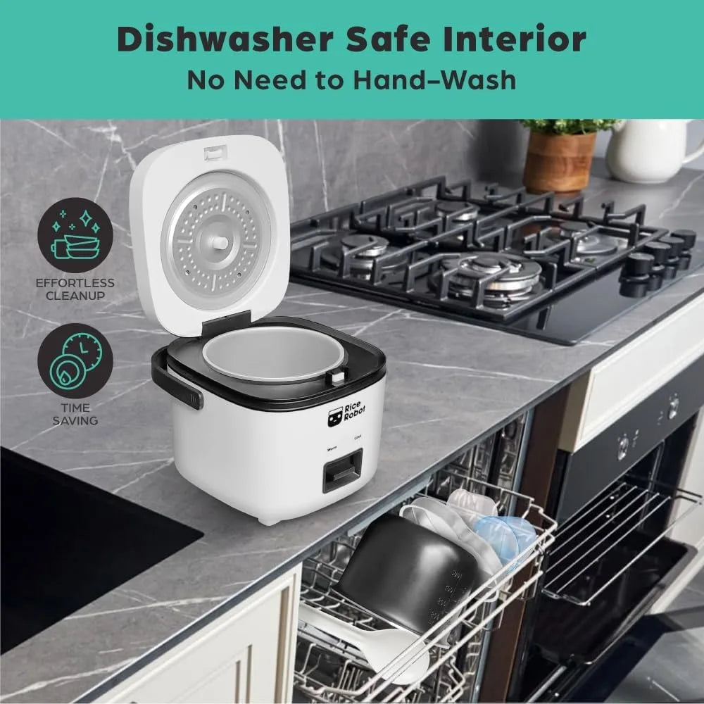 Rice Robot Personal Rice Cooker, PFAS-free, Nonstick. 1 Quart Capacity, with Stainless Steel Steamer Tray, Measuring Cups