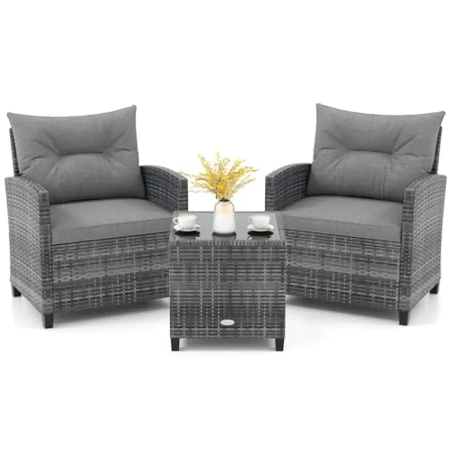 KOTEK 3 Piece Patio Furniture Set Outdoor PE Rattan Conversation Set with Washable Cushions and Tempered Glass Tabletop Wicker